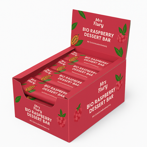 Bio Raspberry Dessert Bar 50 g Box 12 Stück fruchtig, schokoladig, natürlich gut ⚠️ hitzeempfindlich