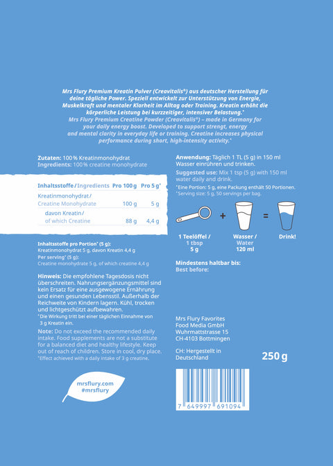 Premium Kreatin Pulver 250 g – 100% Creavitalis® Kreatinmonohydrat aus Deutschland