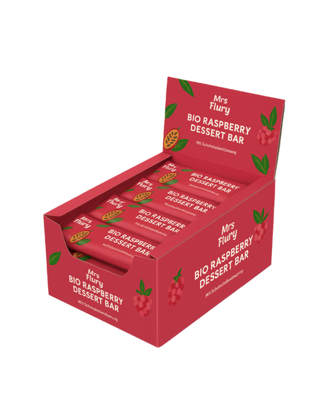 Bio Raspberry Dessert Bar 50 g Box 12 Stück fruchtig, schokoladig, natürlich gut ⚠️ hitzeempfindlich